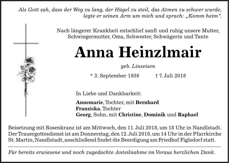 Traueranzeige Anna Heinzlmair