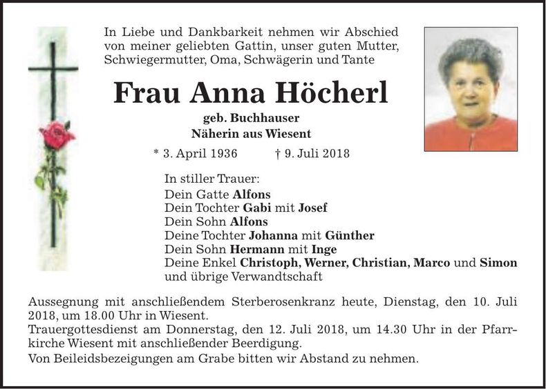 Traueranzeige Anna Höcherl
