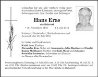 Traueranzeige Hans Eras