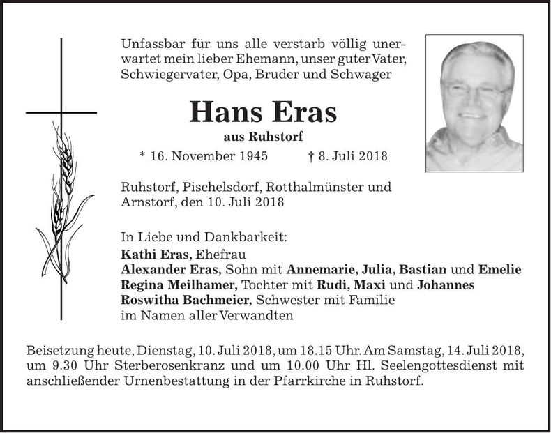 Traueranzeige Hans Eras