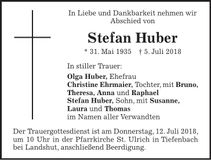 Traueranzeige Stefan Huber