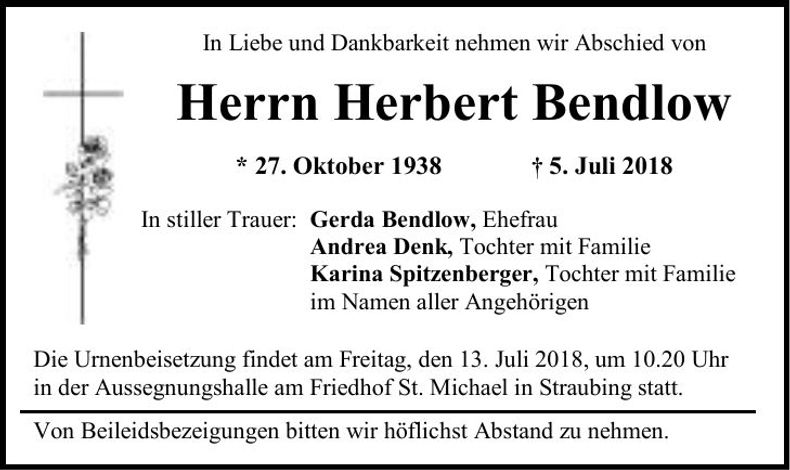 Traueranzeige Herbert Bendlow