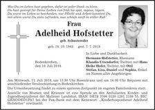 Traueranzeige Adelheid Hofstetter