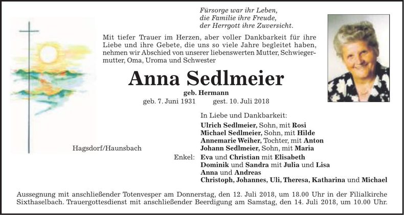 Traueranzeige Anna Sedlmeier