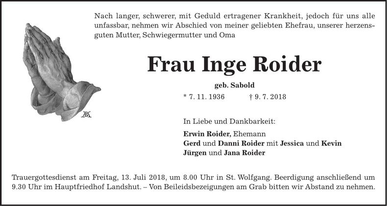 Traueranzeige Inge Roider