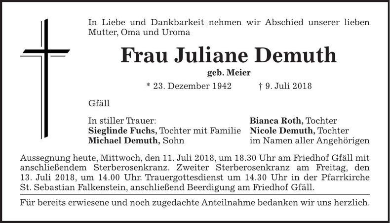 Traueranzeige Juliane Demuth