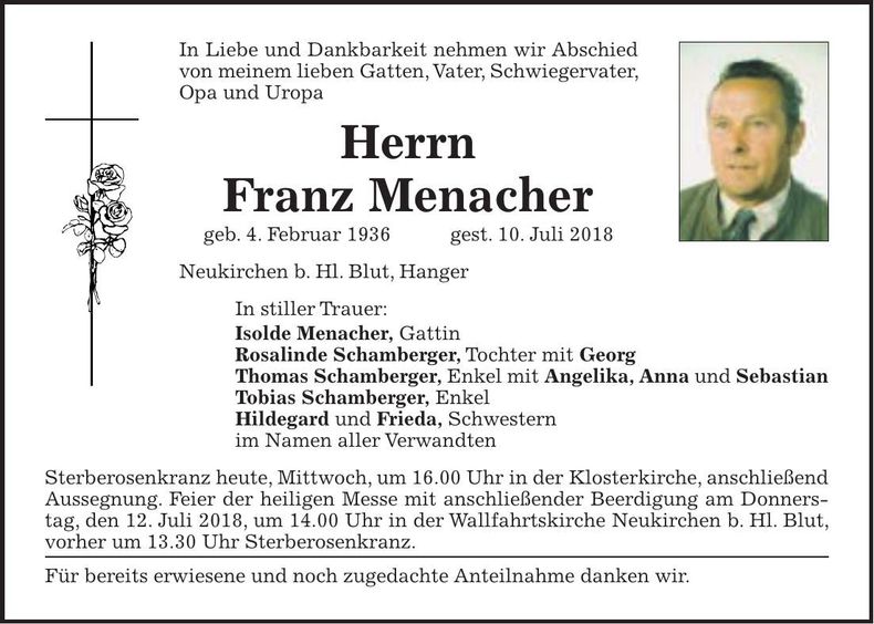Traueranzeige Franz Menacher