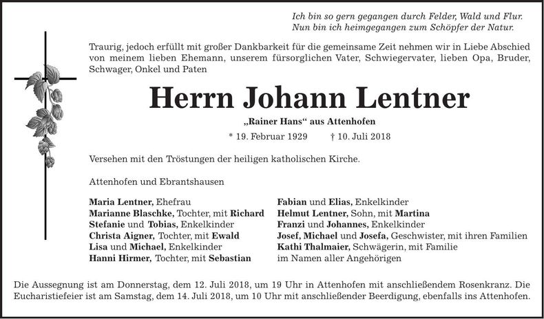 Traueranzeige Johann Lentner