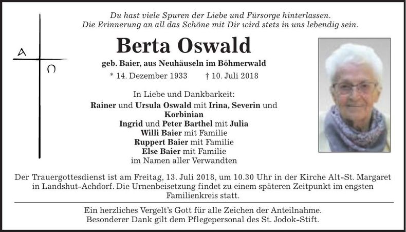 Traueranzeige Berta Oswald