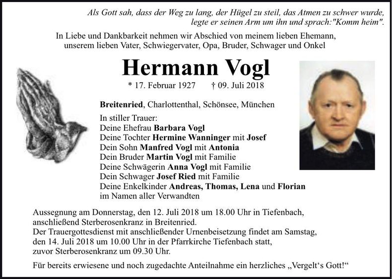 Traueranzeige Hermann Vogl