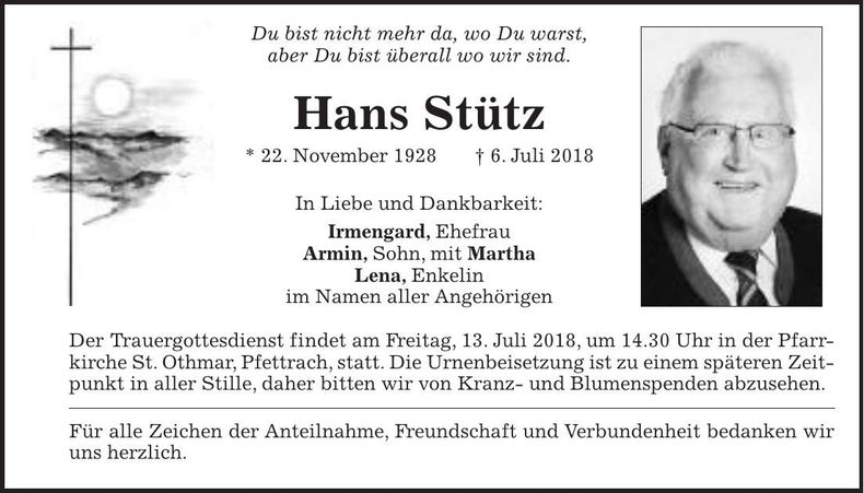 Traueranzeige Hans Stütz
