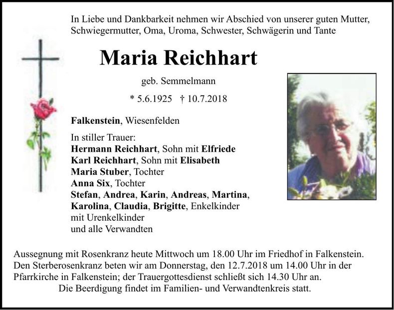 Traueranzeige Maria Reichhart