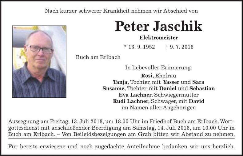Traueranzeige Peter Jaschik