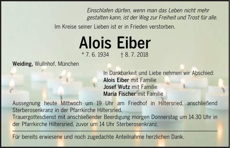 Traueranzeige Alois Eiber