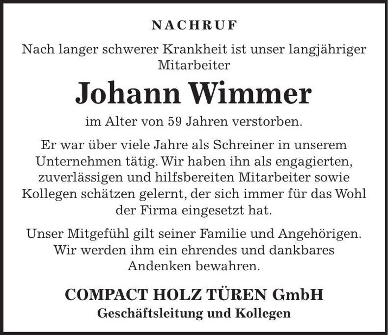 Traueranzeige Johann Wimmer