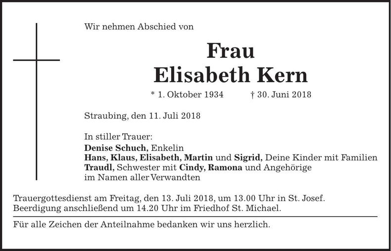 Traueranzeige Elisabeth Kern