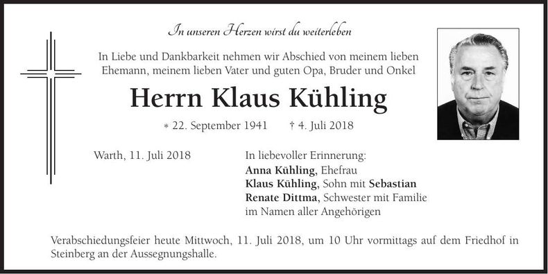 Traueranzeige Klaus Kühling