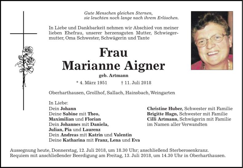 Traueranzeige Marianne Aigner