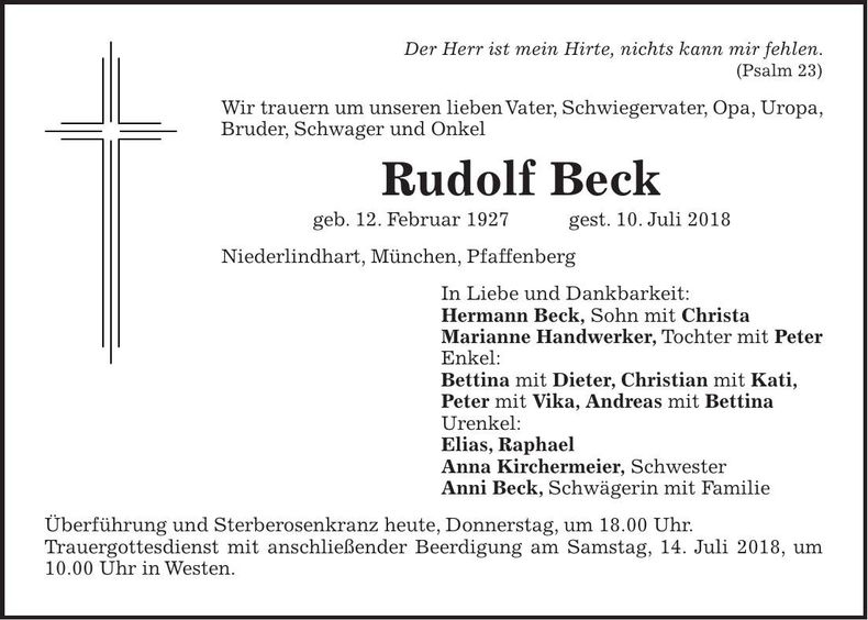 Traueranzeige Rudolf Beck