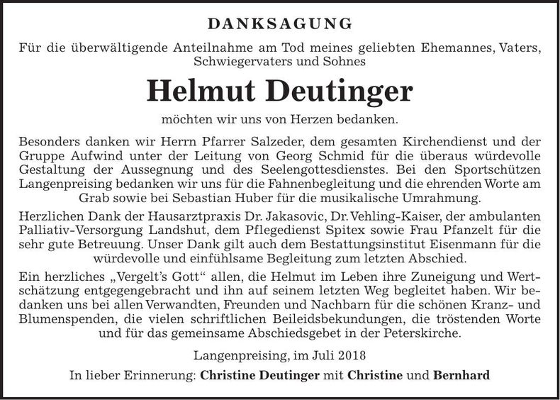 Traueranzeige Helmut Deutinger