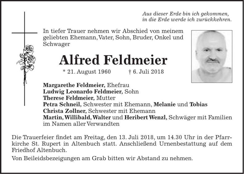 Traueranzeige Alfred Feldmeier