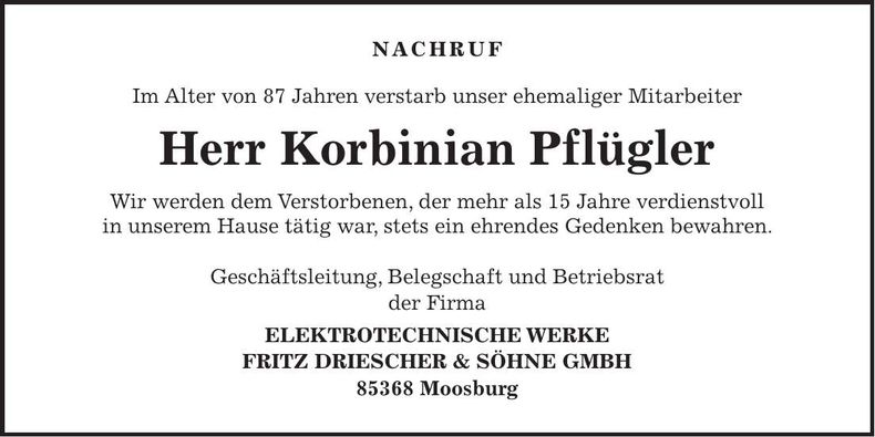 Traueranzeige Korbinian Pflügler