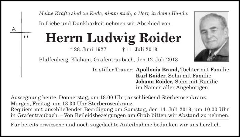 Traueranzeige Ludwig Roider