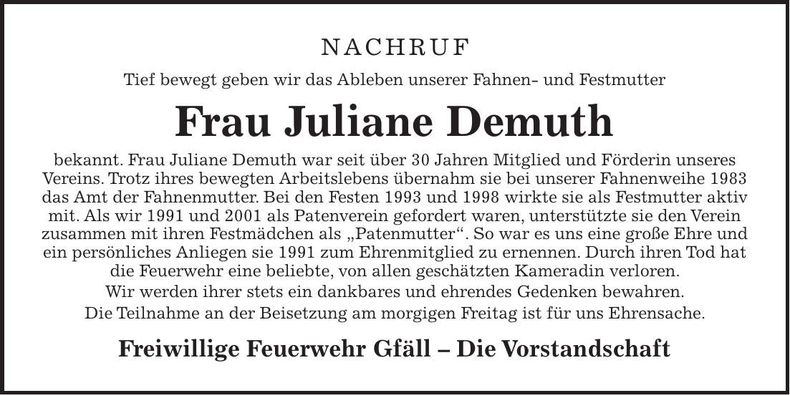 Traueranzeige Juliane Demuth