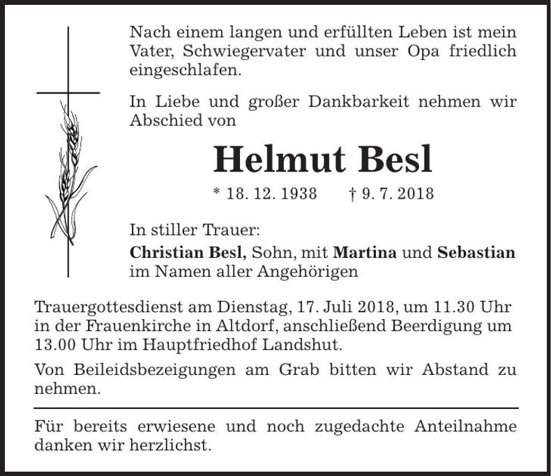 Traueranzeige Helmut Besl