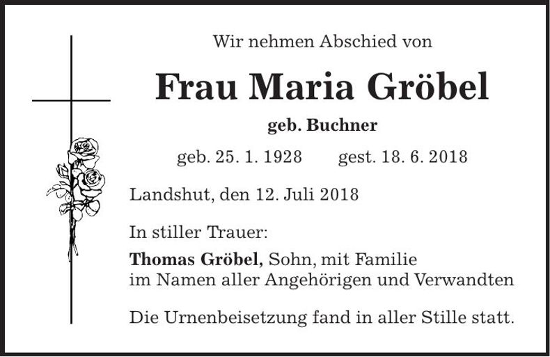 Traueranzeige Maria Gröbel