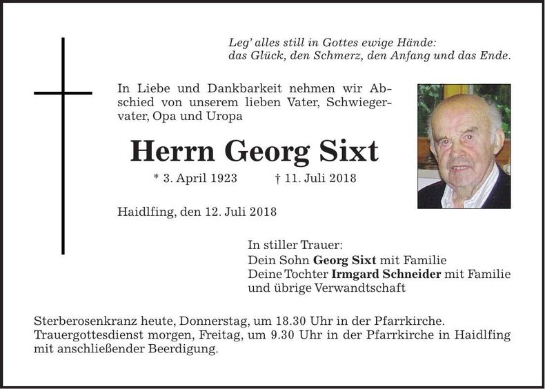 Traueranzeige Georg Sixt