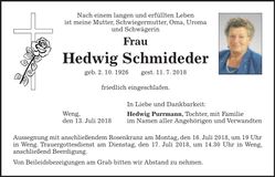 Traueranzeige Hedwig Schmideder