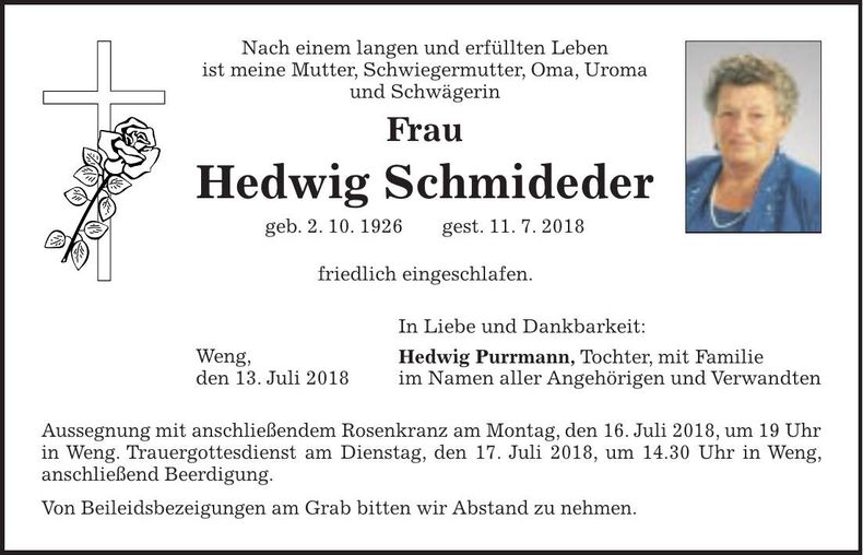 Traueranzeige Hedwig Schmideder