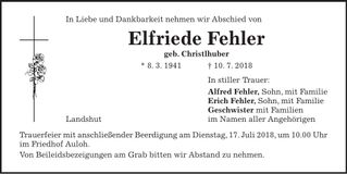 Traueranzeige Elfriede Fehler
