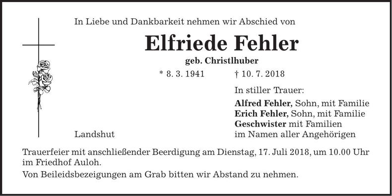 Traueranzeige Elfriede Fehler