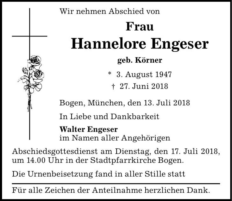 Traueranzeige Hannelore Engeser