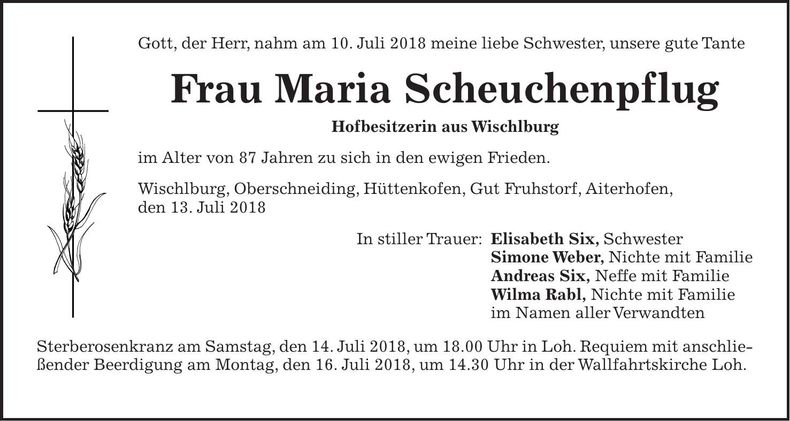 Traueranzeige Maria Scheuchenpflug