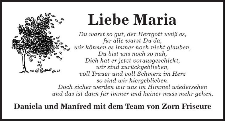 Traueranzeige Maria Raab