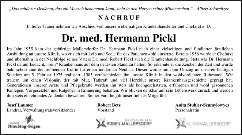 Traueranzeige Hermann Dr. med. Pickl