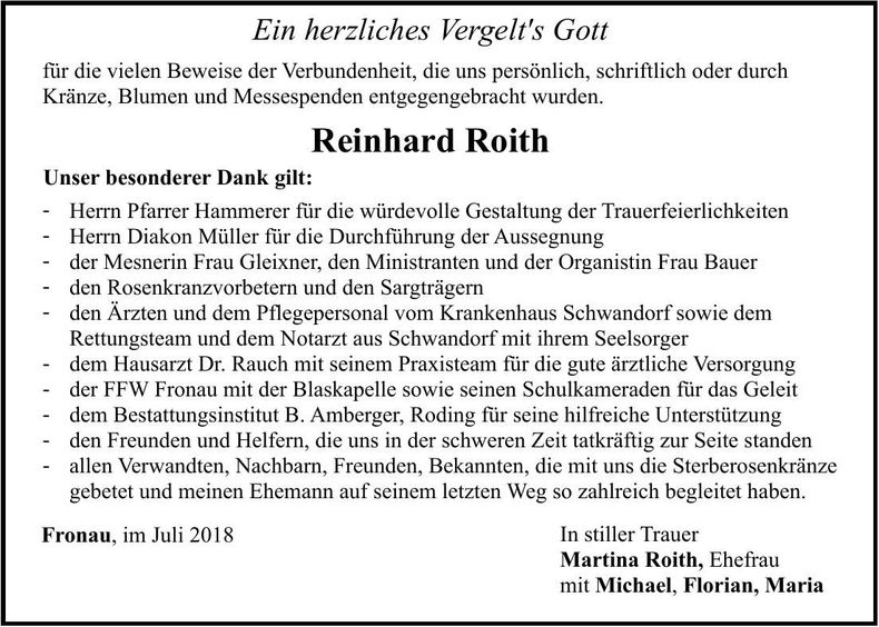 Traueranzeige Reinhard Roith