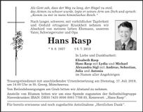 Traueranzeige Hans Rasp