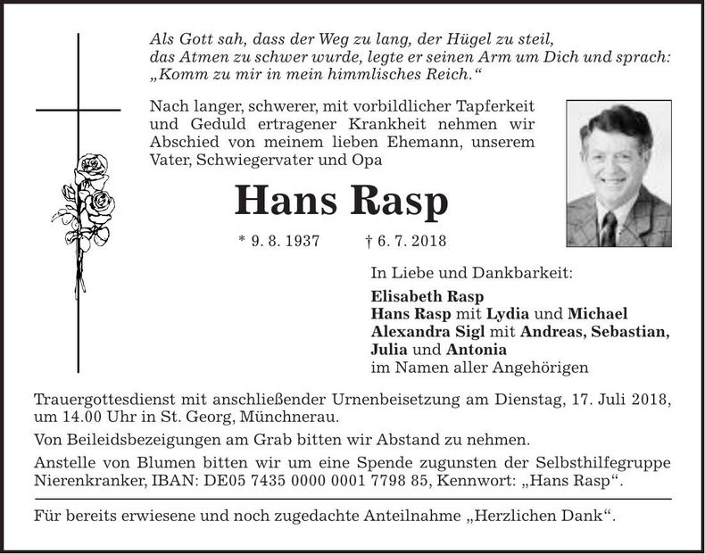 Traueranzeige Hans Rasp