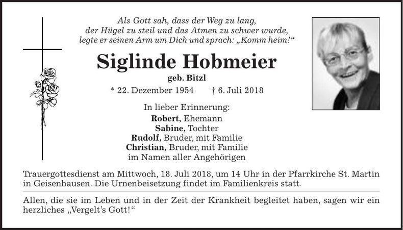 Traueranzeige Siglinde Hobmeier
