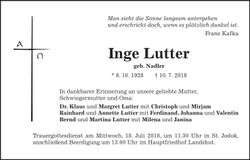 Traueranzeige Inge Lutter