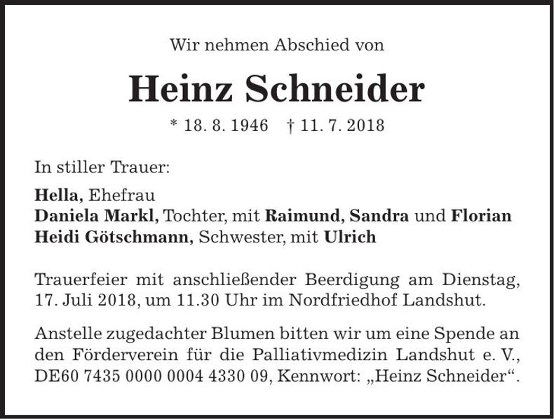 Traueranzeige Heinz Schneider