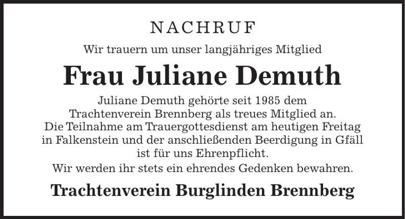 Traueranzeige Juliane Demuth