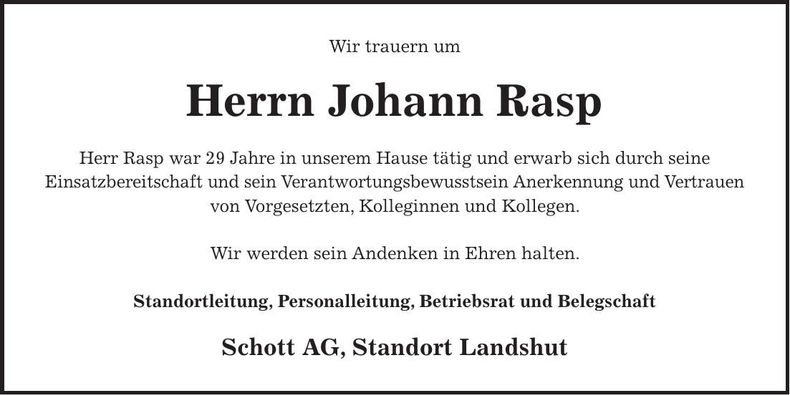 Traueranzeige Johann Rasp