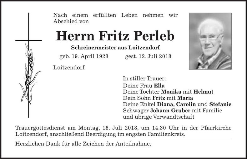 Traueranzeige Fritz Perleb