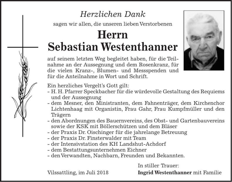 Traueranzeige Sebastian Westenthanner