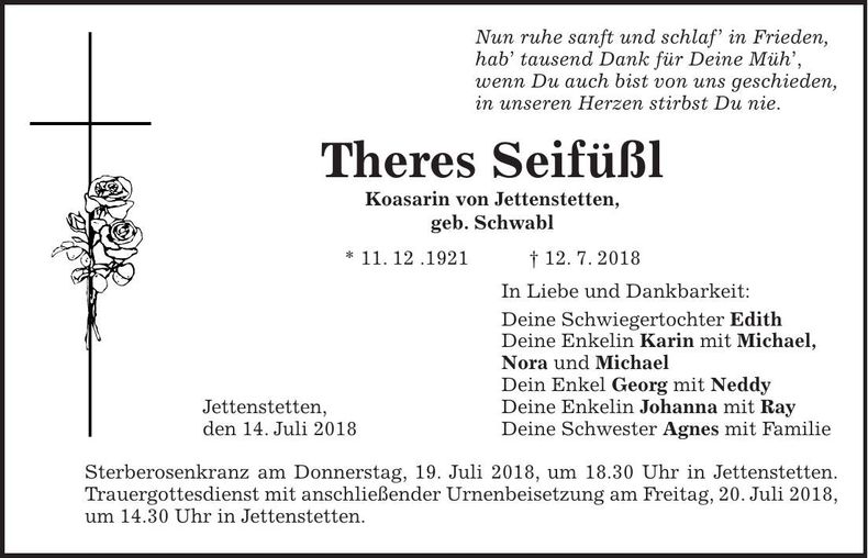 Traueranzeige Theres Seifüßl